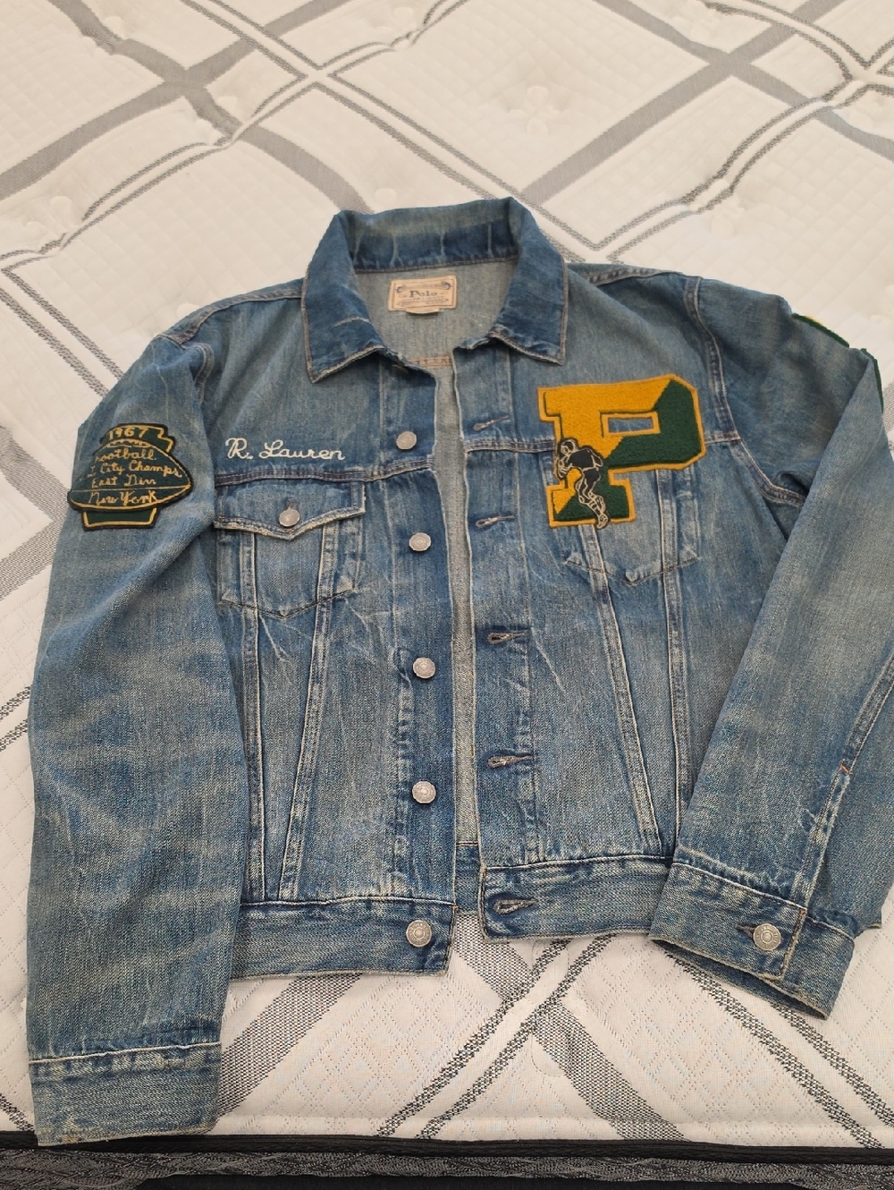 POLO Ralph Lauren Blue Denim TIGER Patch FOOTBALL LETTERMAN JACKET•Large•RARE! - Picture 3 of 15